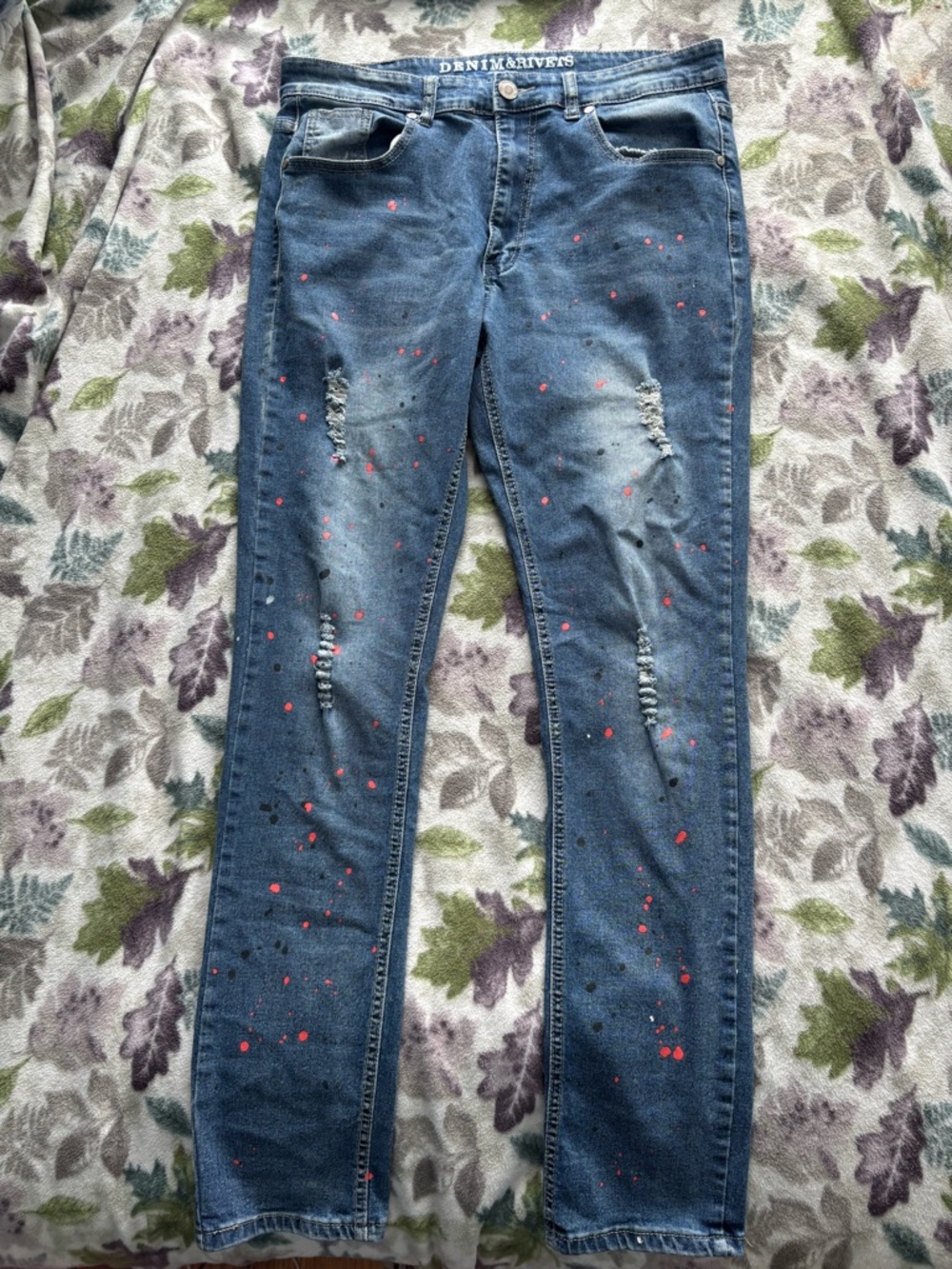 Red Splatter Distressed Denim Jeans